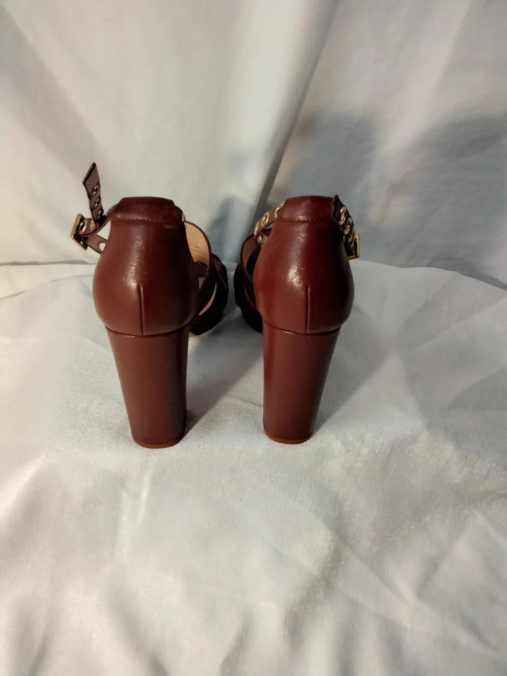 kate spade Brown Leather High Block Heel Sandals with Studded Ankle Strap